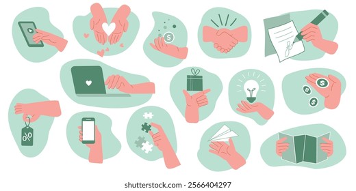 A collection of doodles of hand illustrations with various objects and attributes - gift, laptop, paper airplane, signature, handshake, smartphone, idea, puzzles, money