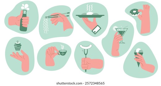 A collection of doodles of hand illustrations with various Food attributes  -  a cup of coffee, sausage, ice cream, cocktail, Chinese noodles, cake, donut, lemonade