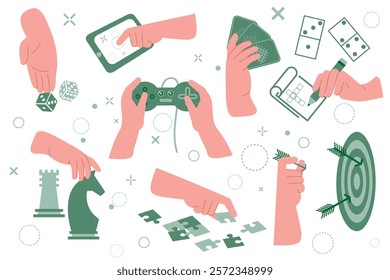 A collection of doodles of hand illustrations with various objects and attributes of play and leisure - Joystick, playing cards, chess, computer games, crossword puzzle, darts. 