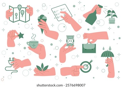 A collection of doodles of hand illustrations with various objects and attributes