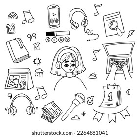 Sammeldoodles Podcast. Cute Mädchen in Kopfhörern hört Musik. Telefon, Mikrofon, Handtippen auf Laptop, Buch und Papier. Vektorgrafik. Einzelne Umrisszeichnungen