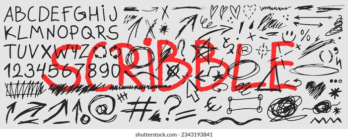 Collection of doodles and scribble. Hand-drawn alphabet, numbers, pointing arrows, shapes. Vector grunge set