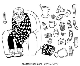 Collection doodles sickness and cold. Sick old pensioner, wrapped in blanket, sits in chair. Nearby are pills, heating pad, warm socks, scarf, jam and hot kettle. Vector isolated linear drawings.