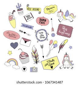 Collection of doodles - unicorns, cupcake, ice cream, rainbow, cactus etc. Vector illustration, ideal for design of greeting cards, bullet journal, scrapbooking.