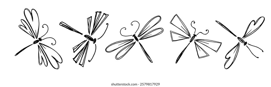 Collection of doodles of winged insects abstract dragonflies. Vector graphics.