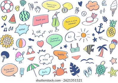 A collection of doodle-style pop and colorful summer illustrations and speech bubbles
