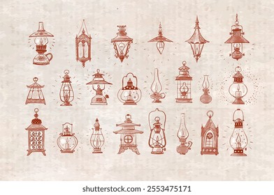 Collection of doodle-style retro lanterns and lamps, each uniquely detailed and hand-drawn on vintage background.