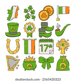 A collection of doodle-style St. Patrick's Day elements, featuring shamrocks, leprechaun hats, gold coins, Irish flags, pipes, horseshoes, harps, and festive icons celebrating Irish culture.