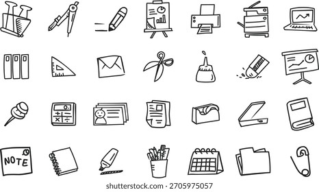 Una colección de iconos vectoriales de estilo doodle inspirados en artículos de escritorio cotidianos.