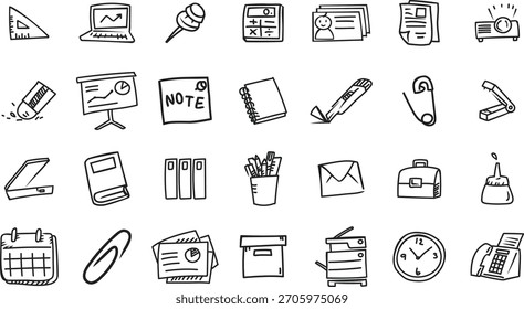 Eine Sammlung von Vektorsymbolen im Doodle-Stil, inspiriert von alltäglichen Schreibtischobjekten.