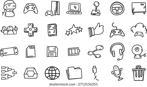 Una colección de iconos vectoriales de estilo doodle inspirados en gadgets y herramientas de juego.