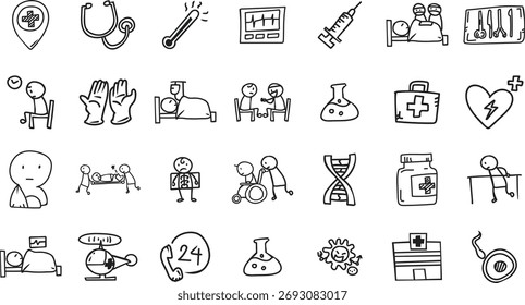 Una colección de iconos vectoriales de estilo doodle con temas hospitalarios y de medicina.