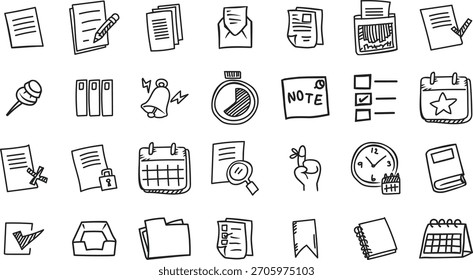 Una colección de iconos vectoriales de estilo doodle con temas alrededor de notas y recordatorios.