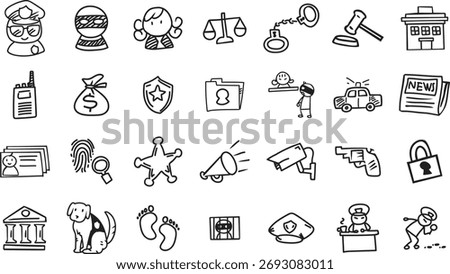 A collection of doodle-style vector icons themed around law and justice.