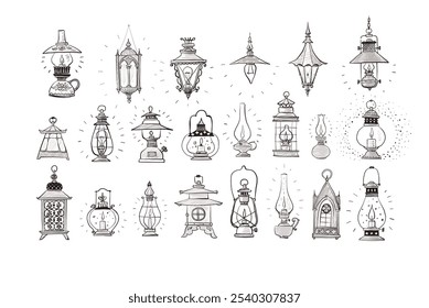 Collection of doodle-style vintage lanterns and lamps, each uniquely detailed and hand-drawn on white background.