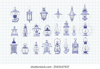 Collection of doodle-style vintage lanterns and lamps, each uniquely detailed and hand-drawn with blue pen on graph paper.