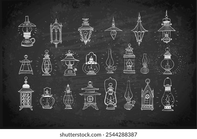 Collection of doodle-style vintage lanterns and lamps, each uniquely detailed and hand-drawn on blackboard background.