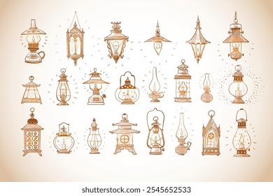 Collection of doodle-style vintage lanterns and lamps, each uniquely detailed and hand-drawn.