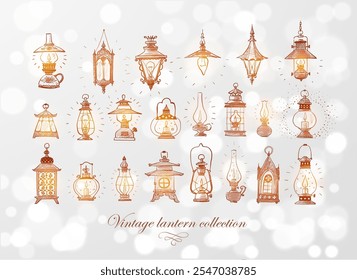 Collection of doodle-style vintage lanterns and lamps, each uniquely detailed and hand-drawn on white shimmering background.