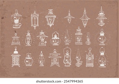 Collection of doodle-style vintage lanterns and lamps, each uniquely detailed and hand-drawn on brown parcel paper background.