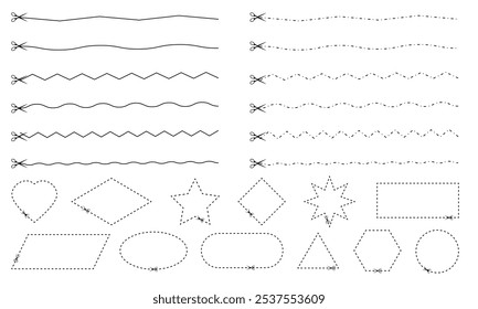 Collection of dotted lines and shapes with scissors for kids to practice cutting skills, perfect for preschool or kindergarten activities. Editable stroke.