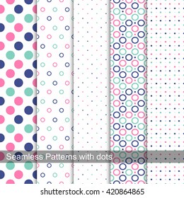 Collection of dotted seamless patterns in memphis colors, fashion style 80s-90s.