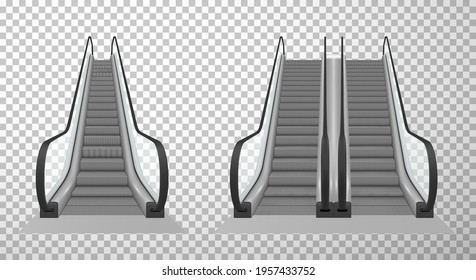 Collection of double and single escalator stairway electronic equipment vector illustration. Realistic different types of moving ramp stairs isolated on transparent background. Transportation of human