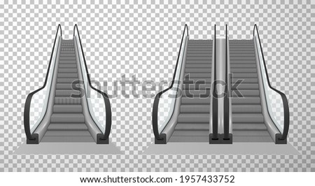 Collection of double and single escalator stairway electronic equipment vector illustration. Realistic different types of moving ramp stairs isolated on transparent background. Transportation of human