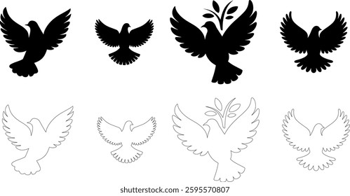 A collection of dove bird icons in silhouette and outline styles, symbolizing peace, freedom, and spirituality. Perfect for religious designs, vector illustrations, and creative graphic projects.