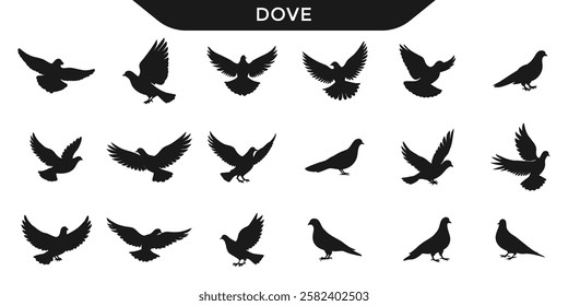 Collection of doves silhouettes  in different poses. Ideal for design projects, illustrating peace, freedom, and nature.