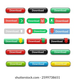 Collection of Download Buttons in Various Colors and Designs
