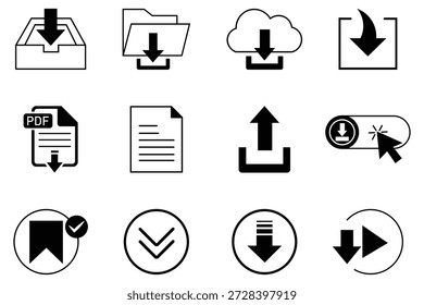 Collection of download icon vector set.  Containing as download file, PDF icons, document and more. Download icons with arrows in flat design.  Vector illustration.