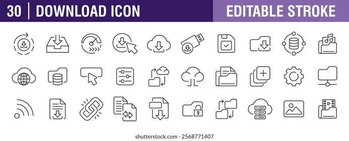 Collection of download icons. Documents, files, uploads, transfers, data. Vector design template, signs, symbols, editable stroke.