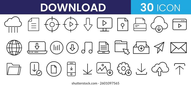 Collection of download line icon vector. cloud, sharing, download, storage, music download, file transfer icon vector on white background