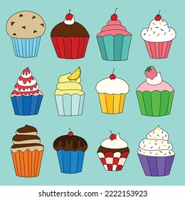 A Collection of a Dozen Cute Vector Cupcakes
