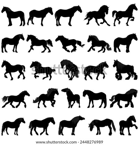 Collection of draft horses silhouettes, horse breeding . Vector illustration.	