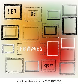 Collection of draft rough grungy black and white hand drawn retro style vertical and horizontal frames on bright colorful blurred background. Design elements template vector set 