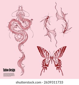 collection of dragon, butterfly, koi fish tattoo designs