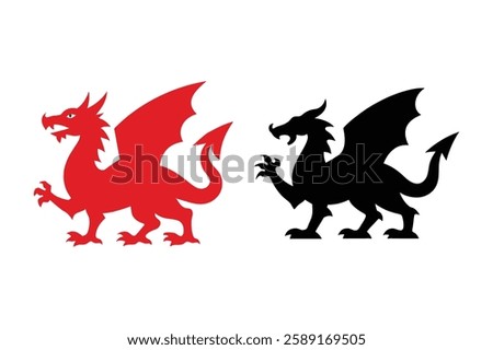 Collection of Dragon Illustrations, Welsh Dragon Variations, St. Davids Day Welsh dragon icon,