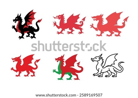 Collection of Dragon Illustrations, Welsh Dragon Variations, St. Davids Day Welsh dragon icon,