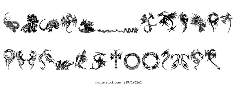 A collection of dragon sketch art for tattoos or icons on a black and white background