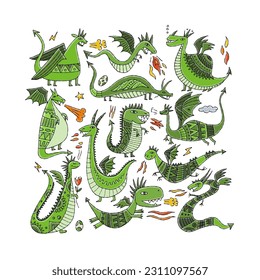 Collection of Dragons family isolated on white, square frame. Symbol of Chinese New Year 2024. Vector illustration