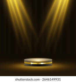 Collection of dramatic spotlight stage scenes with bright golden beams and subtle smoky atmosphere. Great for templates, theater promotions, award event posters or studio mockups.