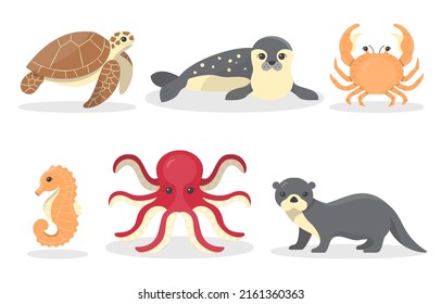 Collection drawing of animal in the sea with turtle, seal, crab, seahorse, squid and swordfish in cartoon style, vector illustration