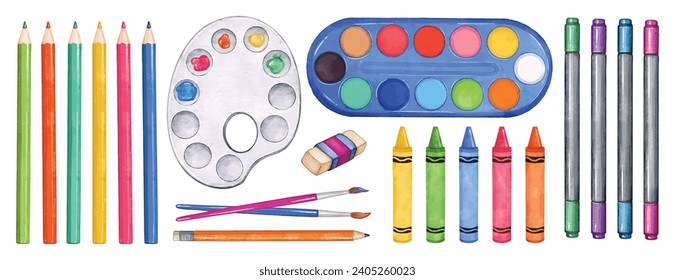 Collection of drawing and coloring tools set. kids and art students painting tools. Multi-colored pencils, wax crayons, markers, watercolor paints and brushes. hand drawn vector set