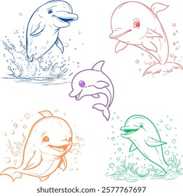 Collection of drawing of five cute dolphins as symbol of positivity. 