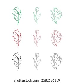 A collection of drawing flowers with different colors