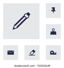 Collection Of Drawing, Rubber, Sticky And Other Elements.  Set Of 6 Tools Icons Set. 