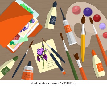 Collection of drawing tools and folder with papers on the table. Vector illustration