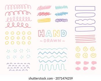 A collection of drawing various lines and shapes with colored pencils. Simple pattern design template.